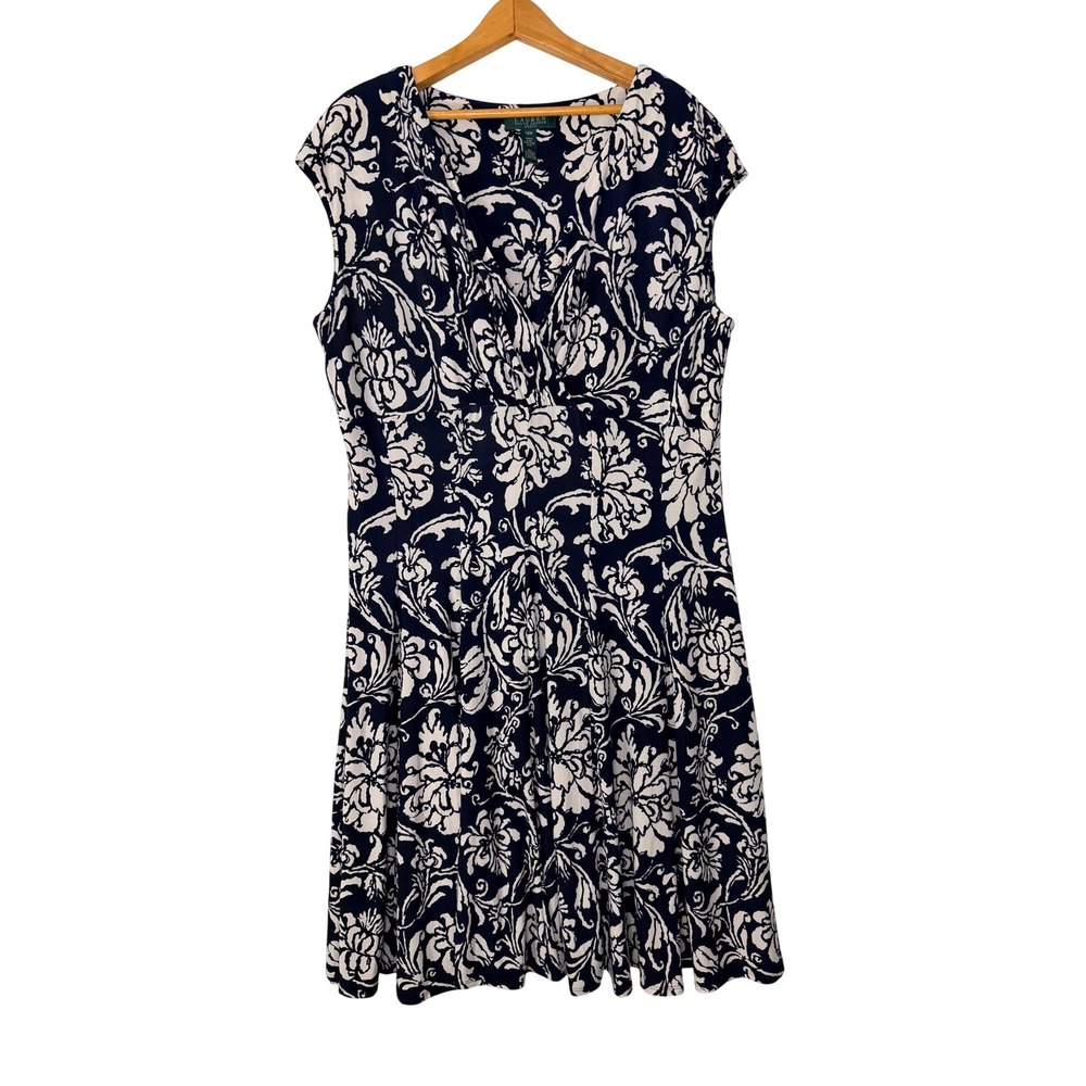 Lauren Ralph Lauren Black White Floral Midi Dress 16W Sleeveless Pleated Office